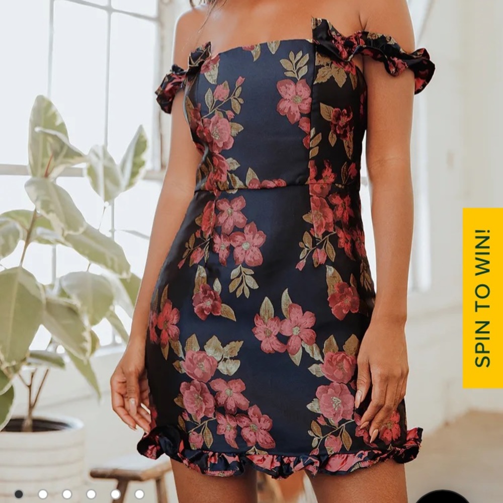 Lulu’s Pop the Bottle Navy Blue Floral Jacquard Ruffle Mini Dress